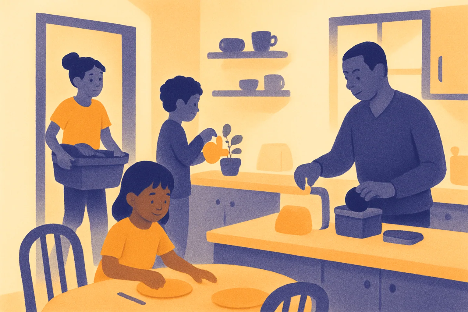 An illustrated family in a sunlit kitchen — one parent packing lunch, kids setting the table and watering a plant, a teenager carrying a laundry basket.