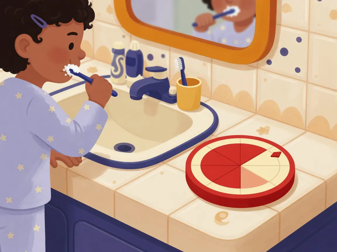 A child brushing teeth at the sink with a round visual timer disk on the counter