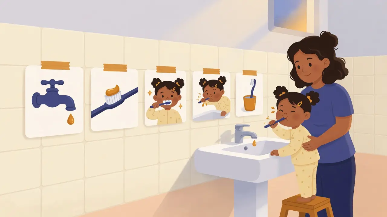 Parent and child at a bathroom sink with five picture cards taped at child height showing wet, paste, brush, spit, and rinse