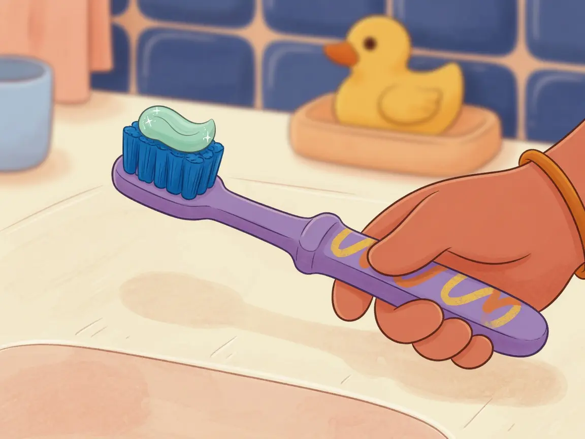 A pea-size smear of toothpaste on toothbrush bristles