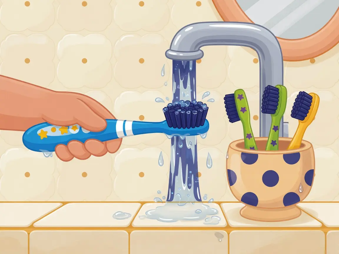 A toothbrush rinsed under the faucet next to a cup of brushes