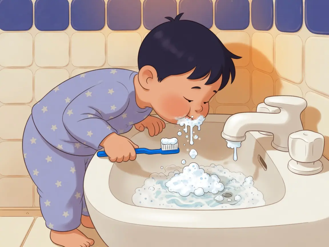 A child leaning over the bathroom sink to spit after brushing