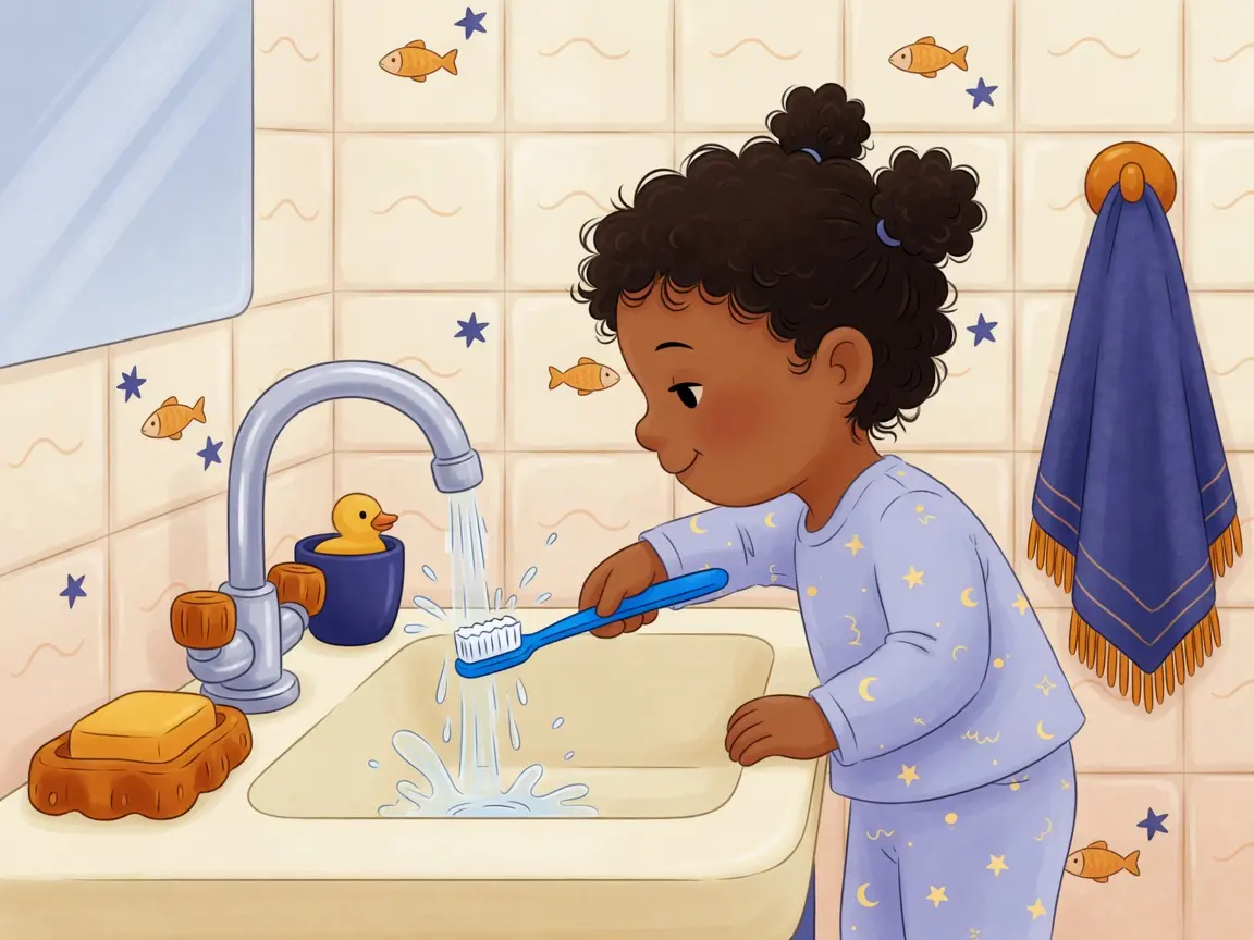 A child holding a toothbrush under a running bathroom faucet