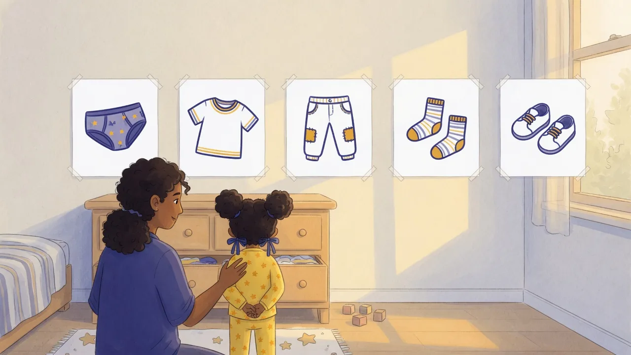 Parent and child at a dresser with five picture cards taped at child height showing underwear, shirt, pants, socks, and shoes