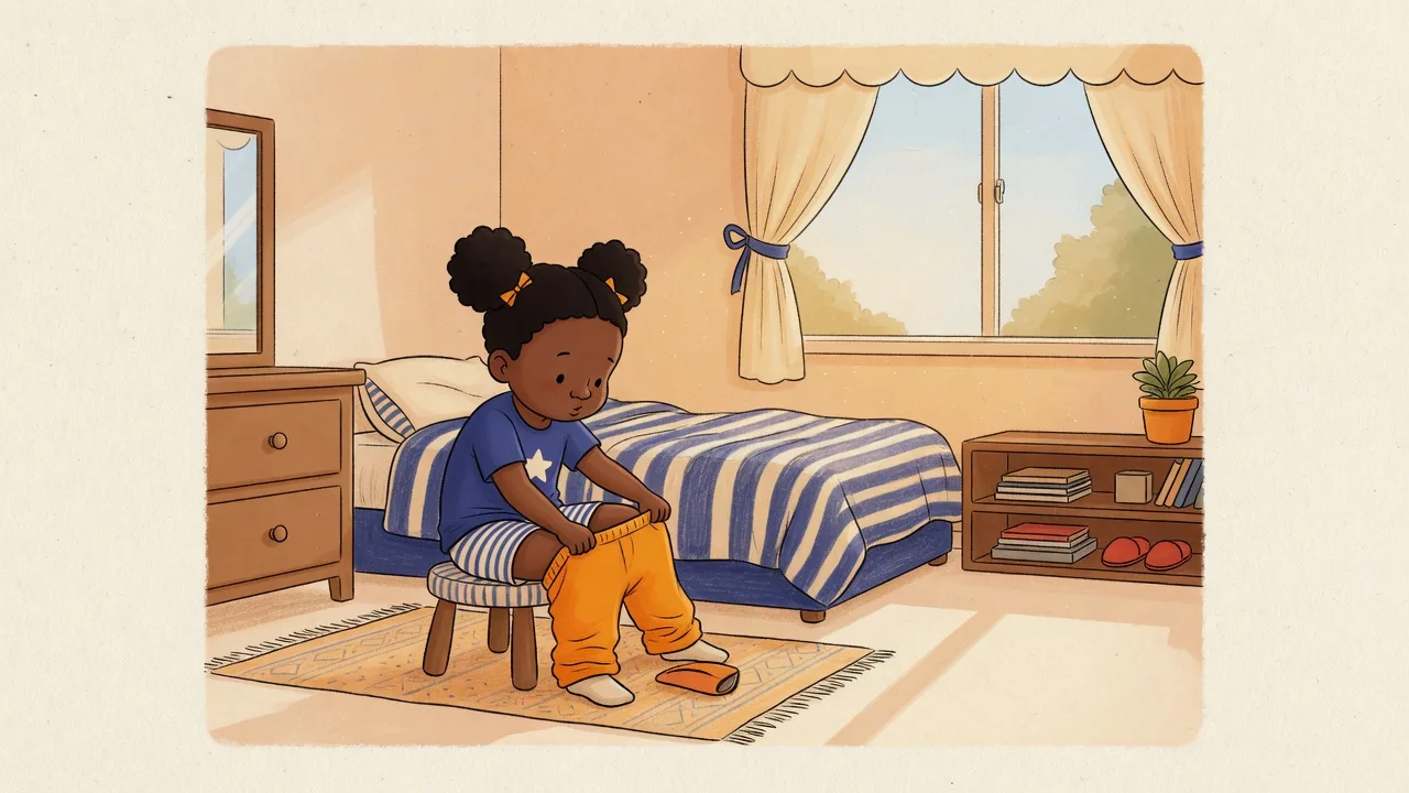 A child sitting on a stool pulling on pants in a bedroom