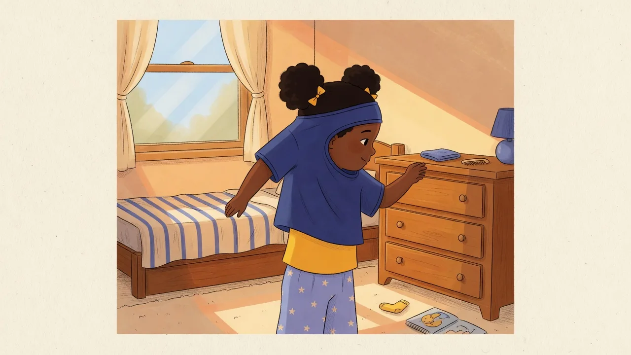 A child pulling a t-shirt over their head beside a bedroom dresser