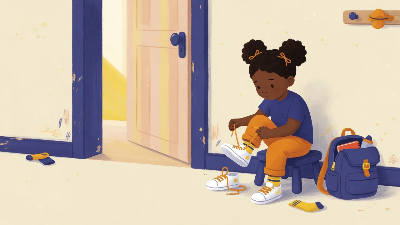 A child sitting by the door fastening sneakers with a backpack nearby