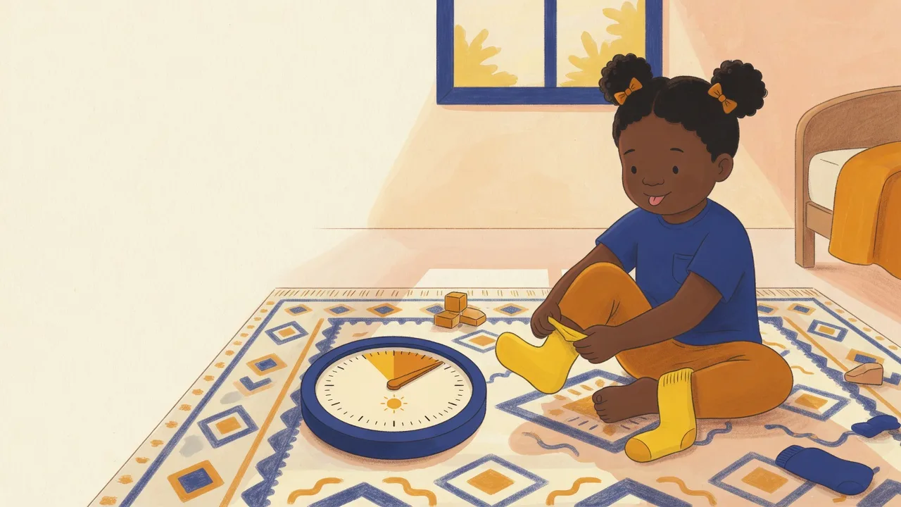A child sitting on a rug putting on socks next to a round visual timer disk