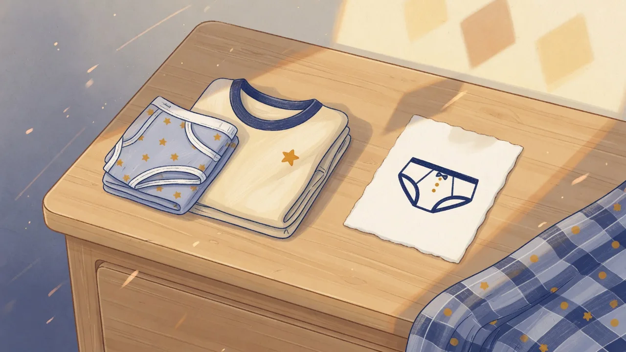 Folded kids underwear and an undershirt laid on a dresser next to a picture card