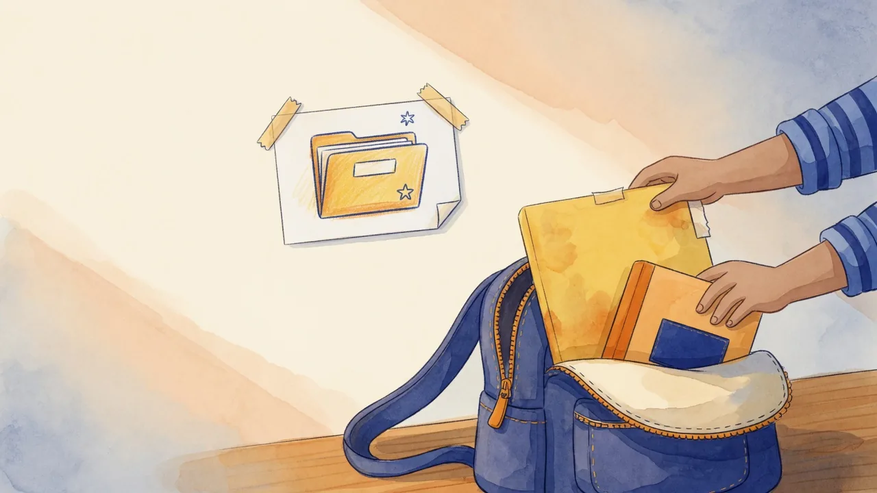 A child's hands sliding a school folder and a book into an open backpack