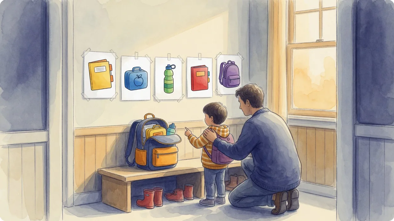 Parent and child at a mudroom bench with five picture cards taped at child height showing homework, lunchbox, water bottle, folder, and backpack