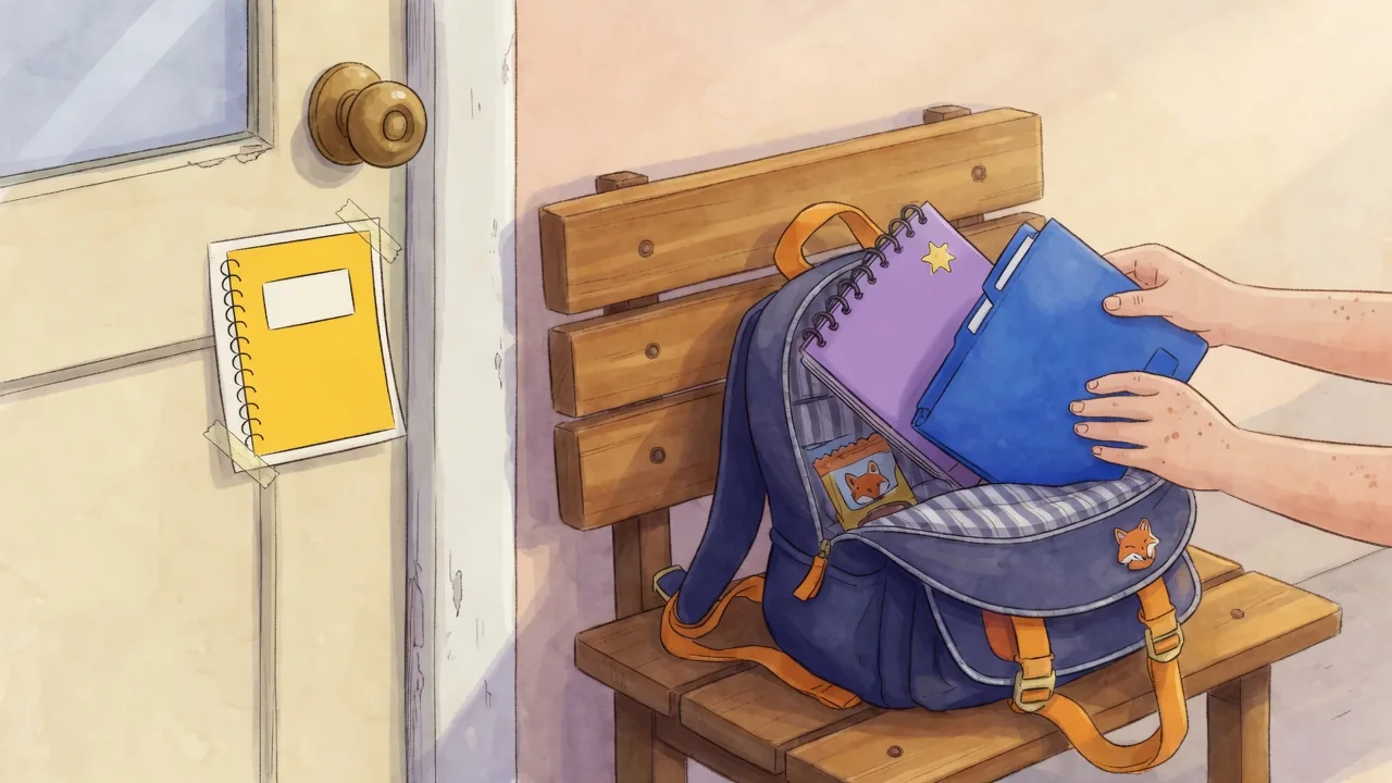 A child's hands sliding a homework folder into an open backpack on a wooden bench
