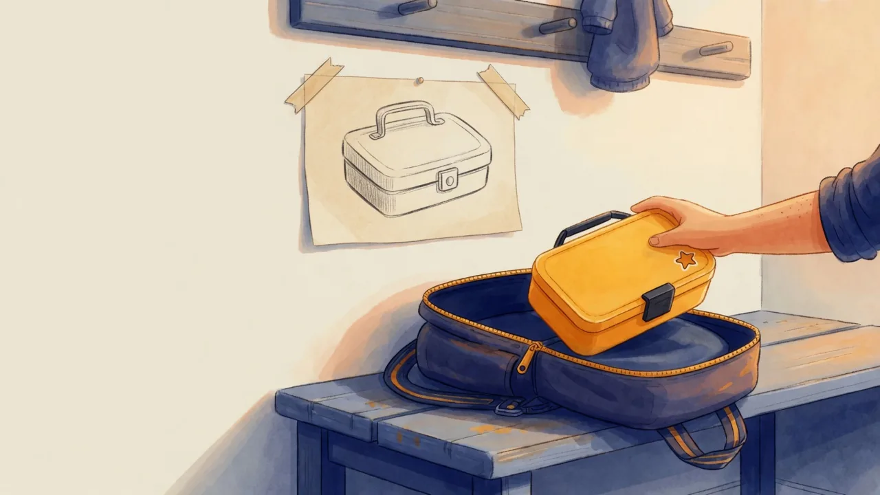 A hand placing a yellow lunchbox into an open backpack on a mudroom bench