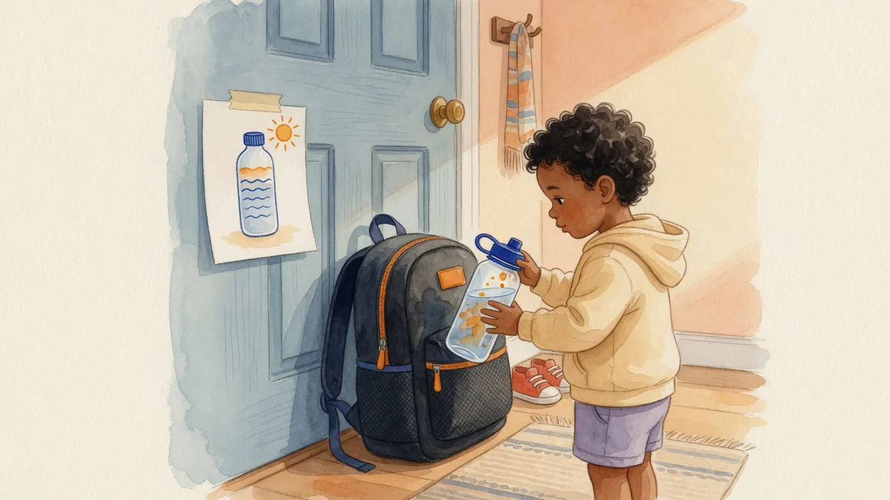 A child standing a water bottle into the side pocket of a backpack by the front door