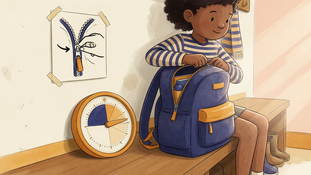 A child zipping a backpack closed on a bench next to a round visual timer disk