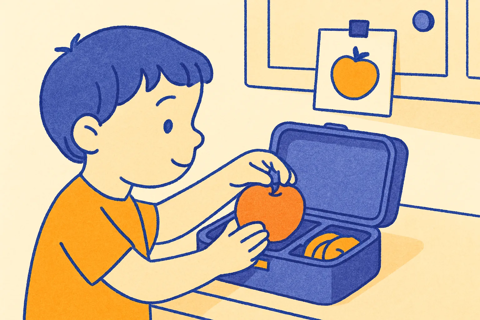 A child placing an unlabeled fruit into a lunchbox at a kitchen counter, following picture cards taped at child height