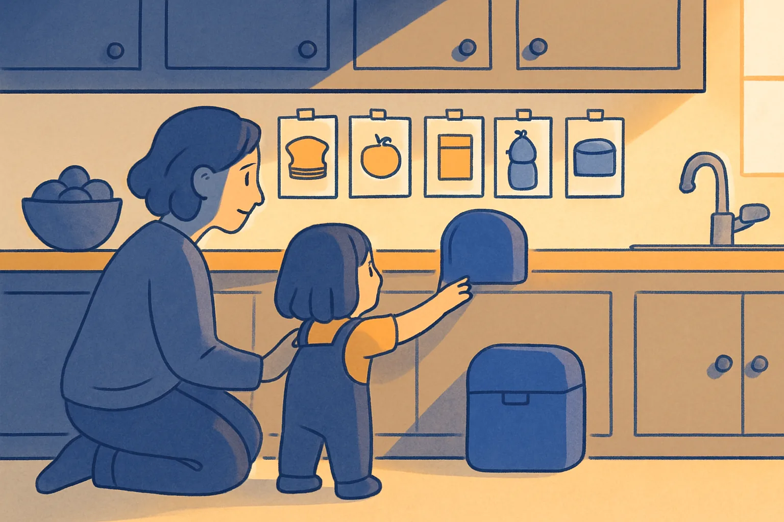 Parent and child at a kitchen counter with five unlabeled drawings taped at child height showing a sandwich container, an apple, a cracker box, a water bottle, and a closed lunchbox