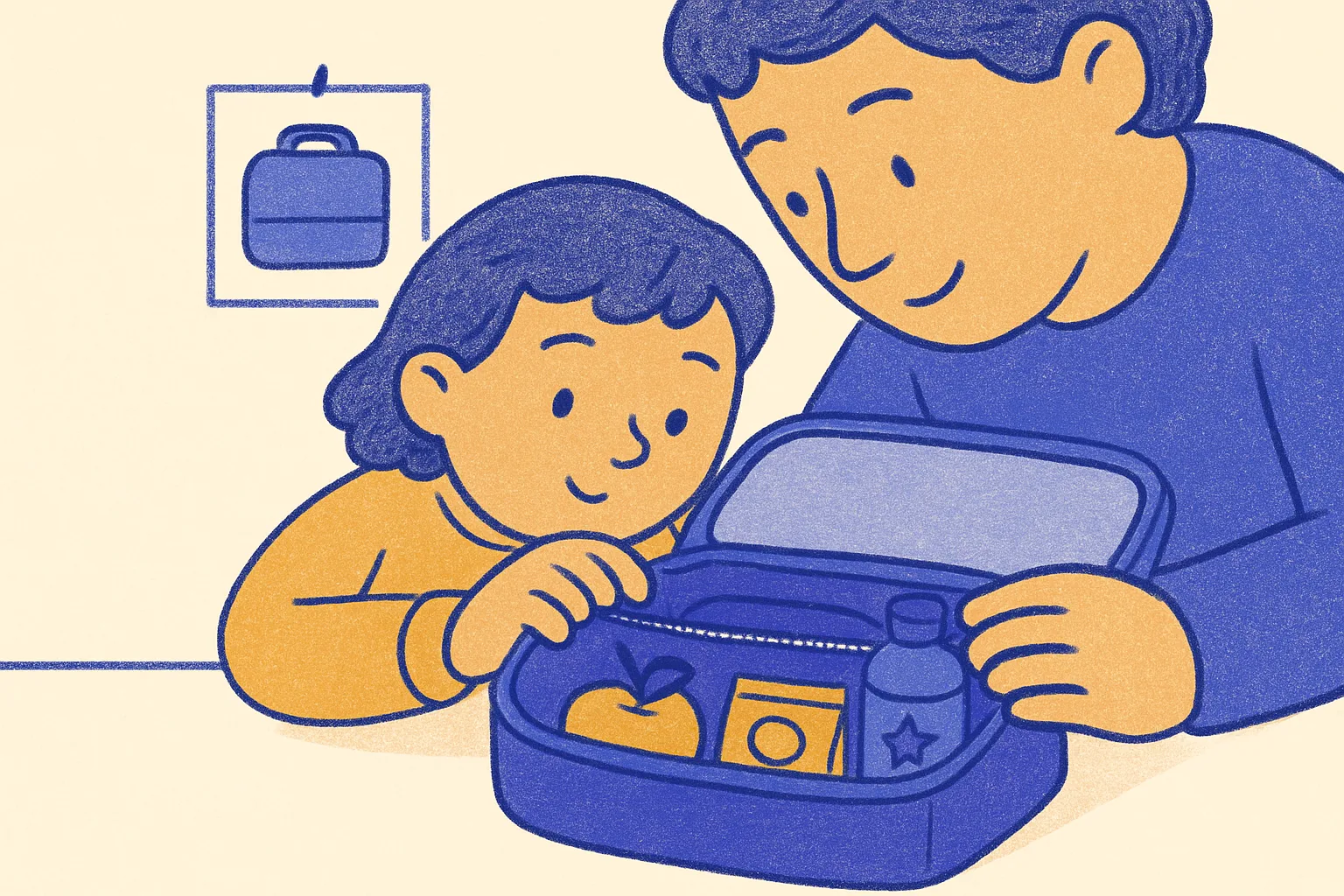 Parent handing a closed lunchbox to a child at the kitchen counter, five unlabeled picture cards remain taped at child height at the packing station