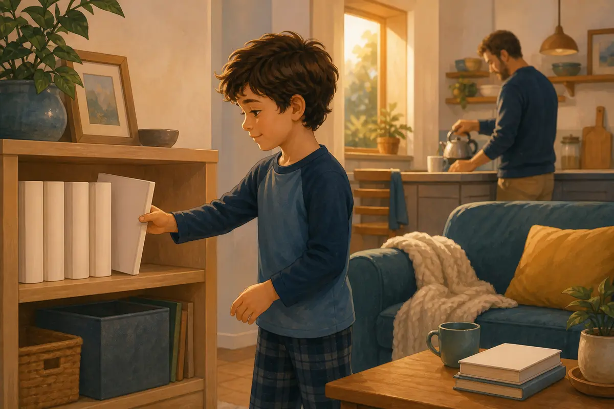 Child choosing one blank-cover book from a low shelf while a parent remains in the background