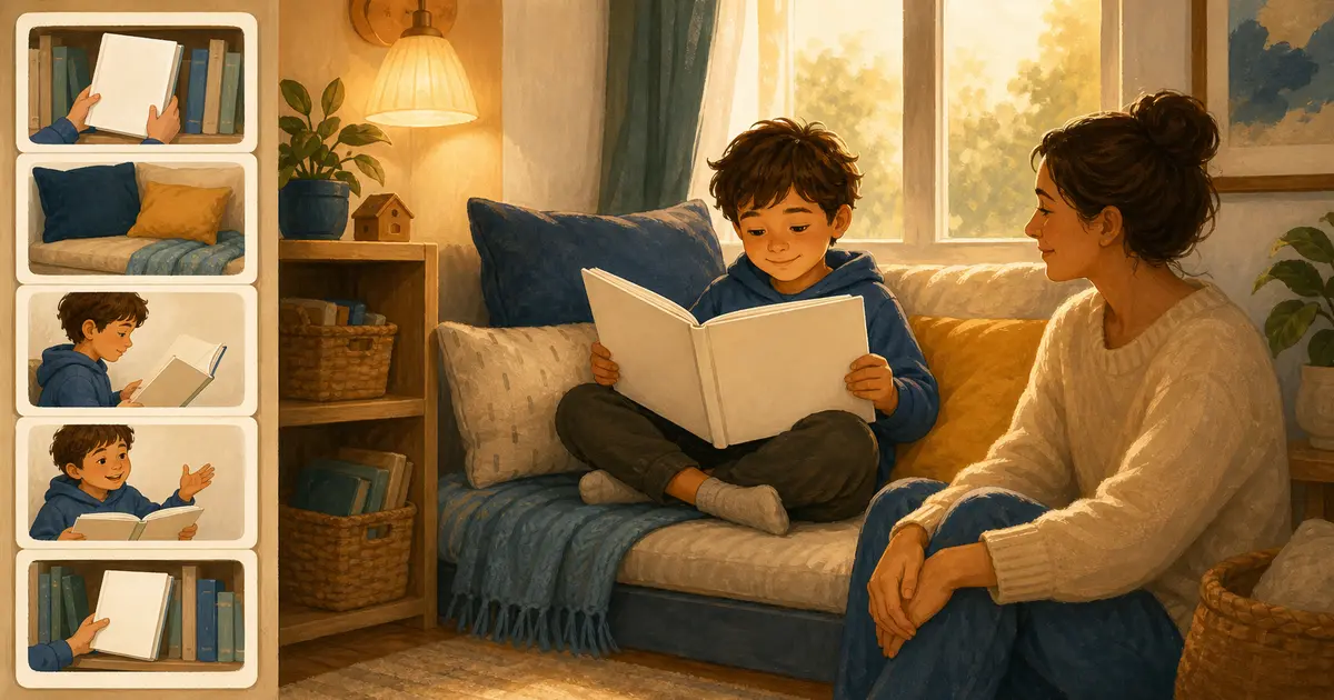 Child reading a blank-cover book in a cozy living-room nook beside five unlabeled picture-sequence cards while a parent listens nearby
