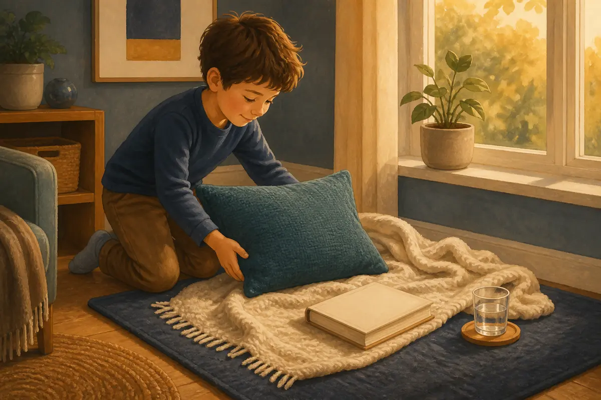 Child arranging one pillow and a throw beside a blank-cover book and a glass of water in a simple reading nook