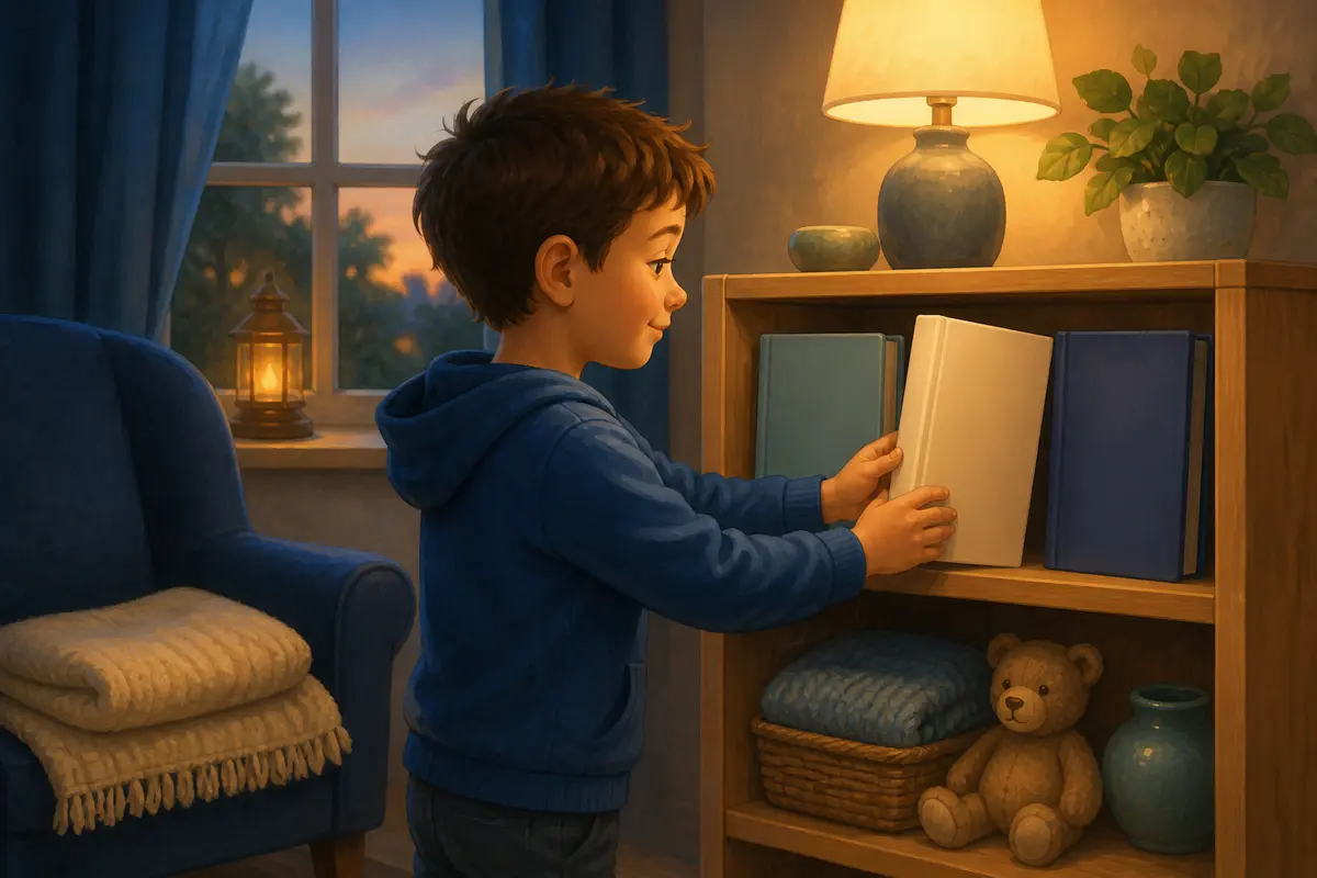 Child returning a blank-cover book to a low shelf beside a tidy reading chair at the end of the routine