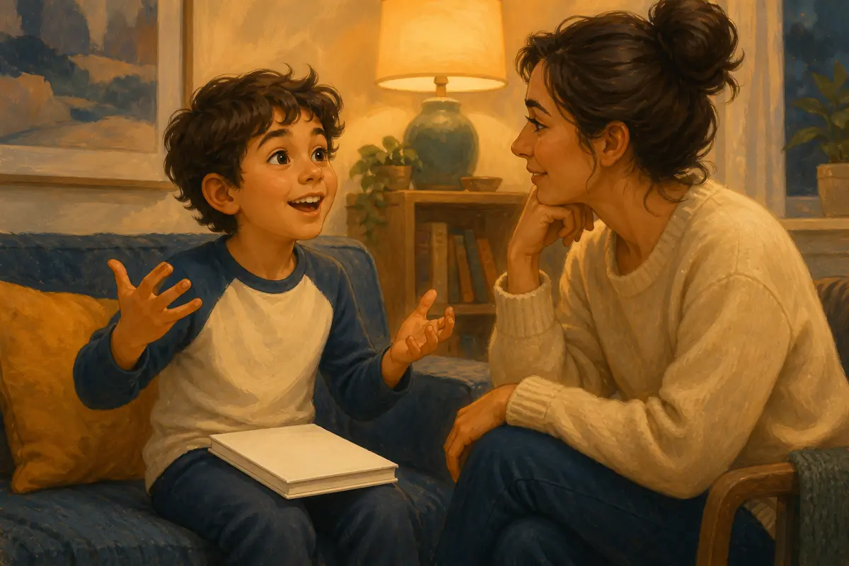 Child closing a blank-cover book and retelling one part with natural hand gestures while a parent listens