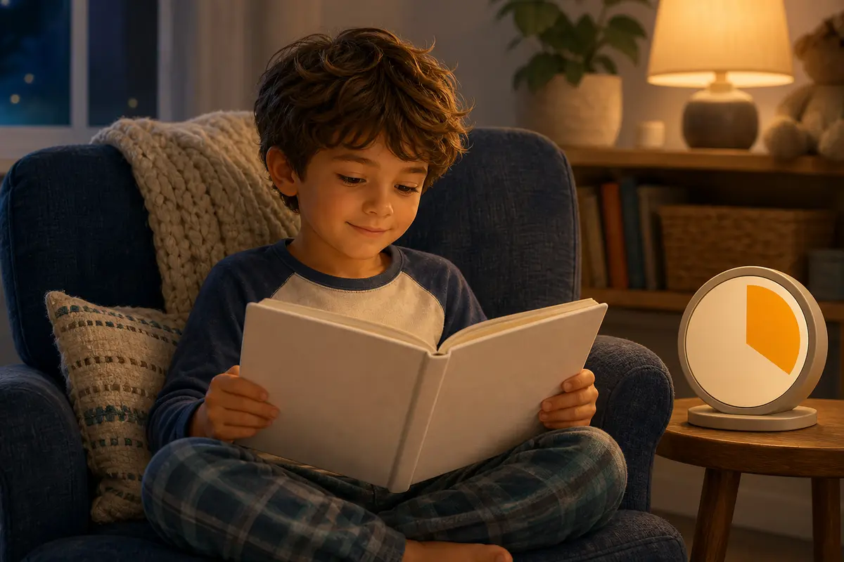 Child reading a blank-page book beside a circular visual timer with a single amber color wedge and no numbers