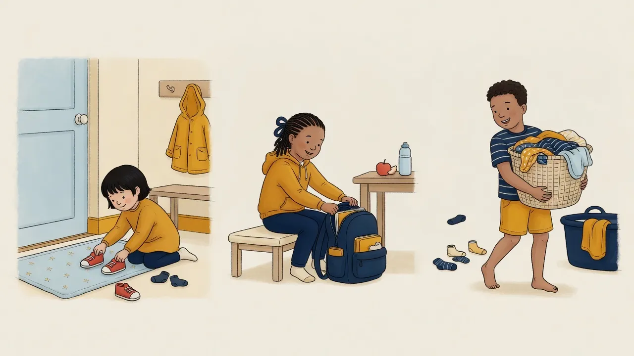 Three unlabeled owned-job moments: a preschooler putting on shoes, a school-age child packing a backpack, an older child carrying a laundry hamper