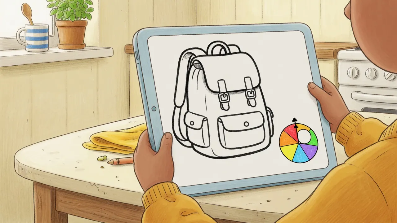Over-the-shoulder view of a child holding a tablet that shows one large unlabeled backpack drawing and a small analog disk of colored wedges