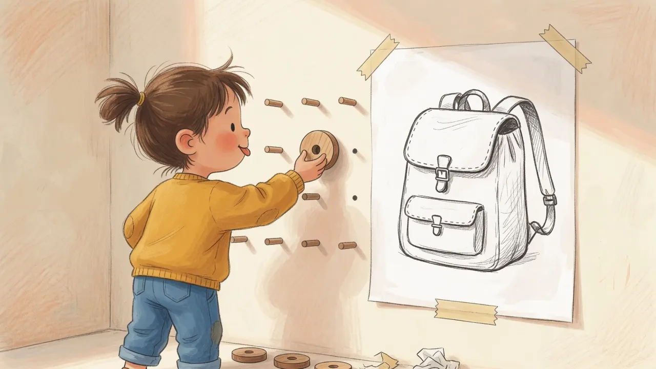 Child placing a small round wooden disk on a peg beside the unlabeled backpack drawing to mark the owned job finished