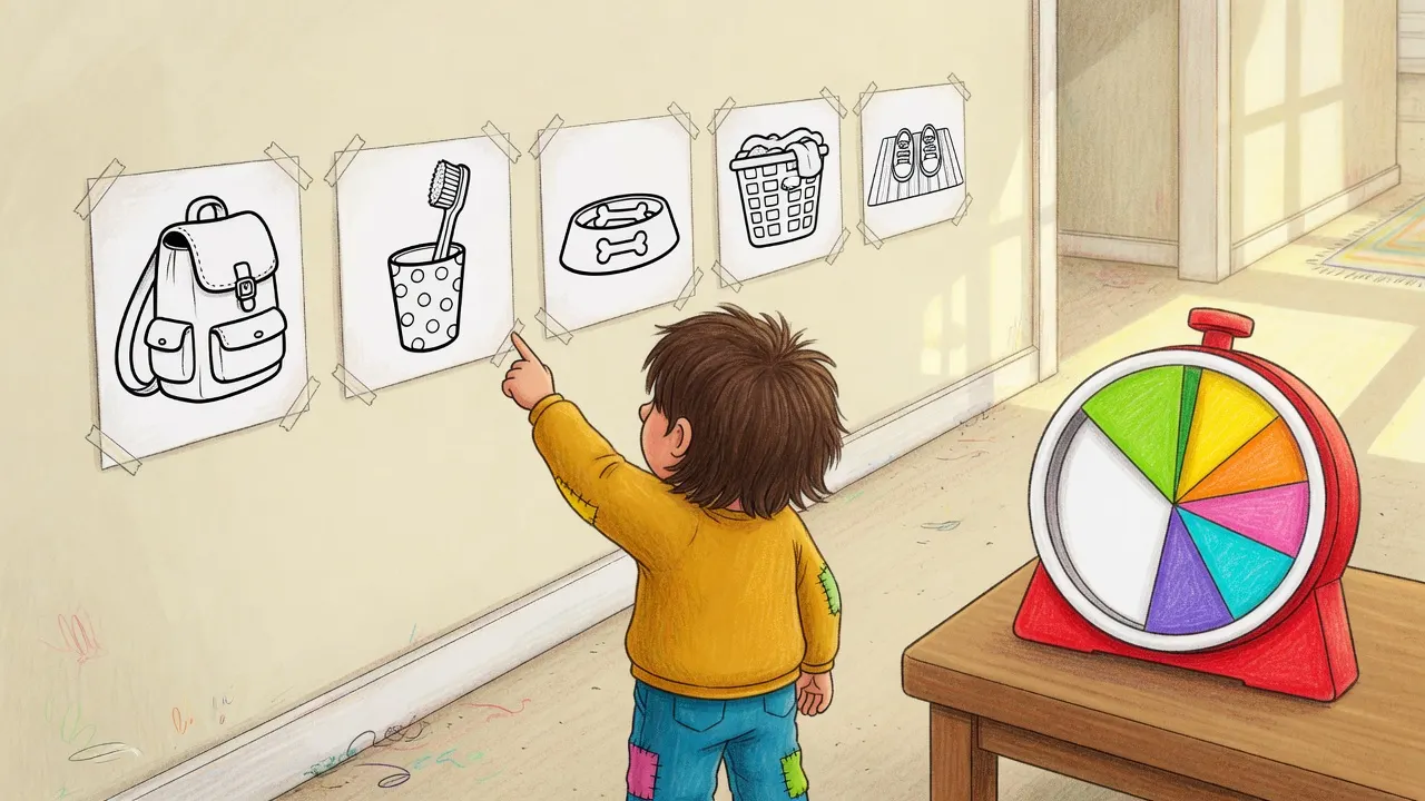 Child pointing at unlabeled wall cards of a backpack, toothbrush cup, pet bowl, laundry hamper, and shoes in a cream hallway with a blank pie-wedge timer