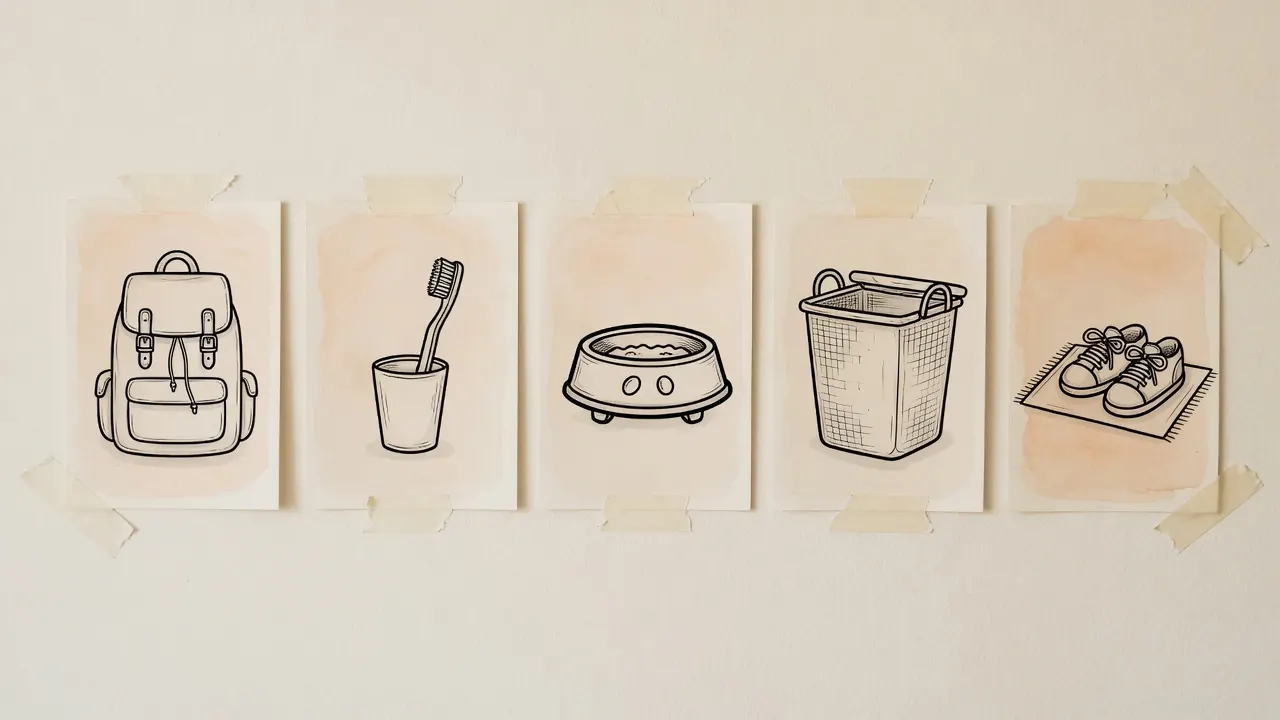 Five unlabeled job drawings taped on a cream wall: backpack, toothbrush in a cup, pet bowl, laundry hamper, and shoes on a mat