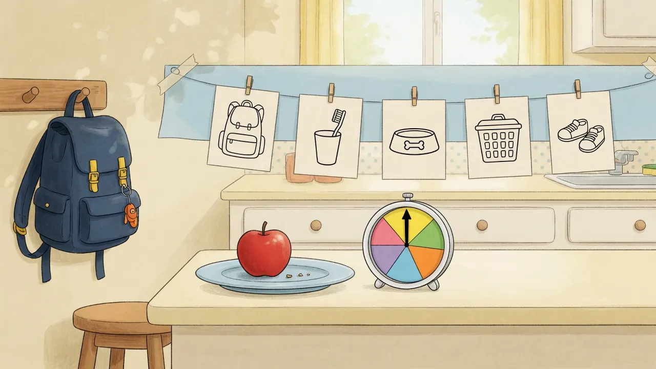 After-school cream kitchen: navy backpack on a hook, apple on a plate, unlabeled cards of backpack, toothbrush, pet bowl, hamper, and shoes, analog pie-wedge timer on the counter