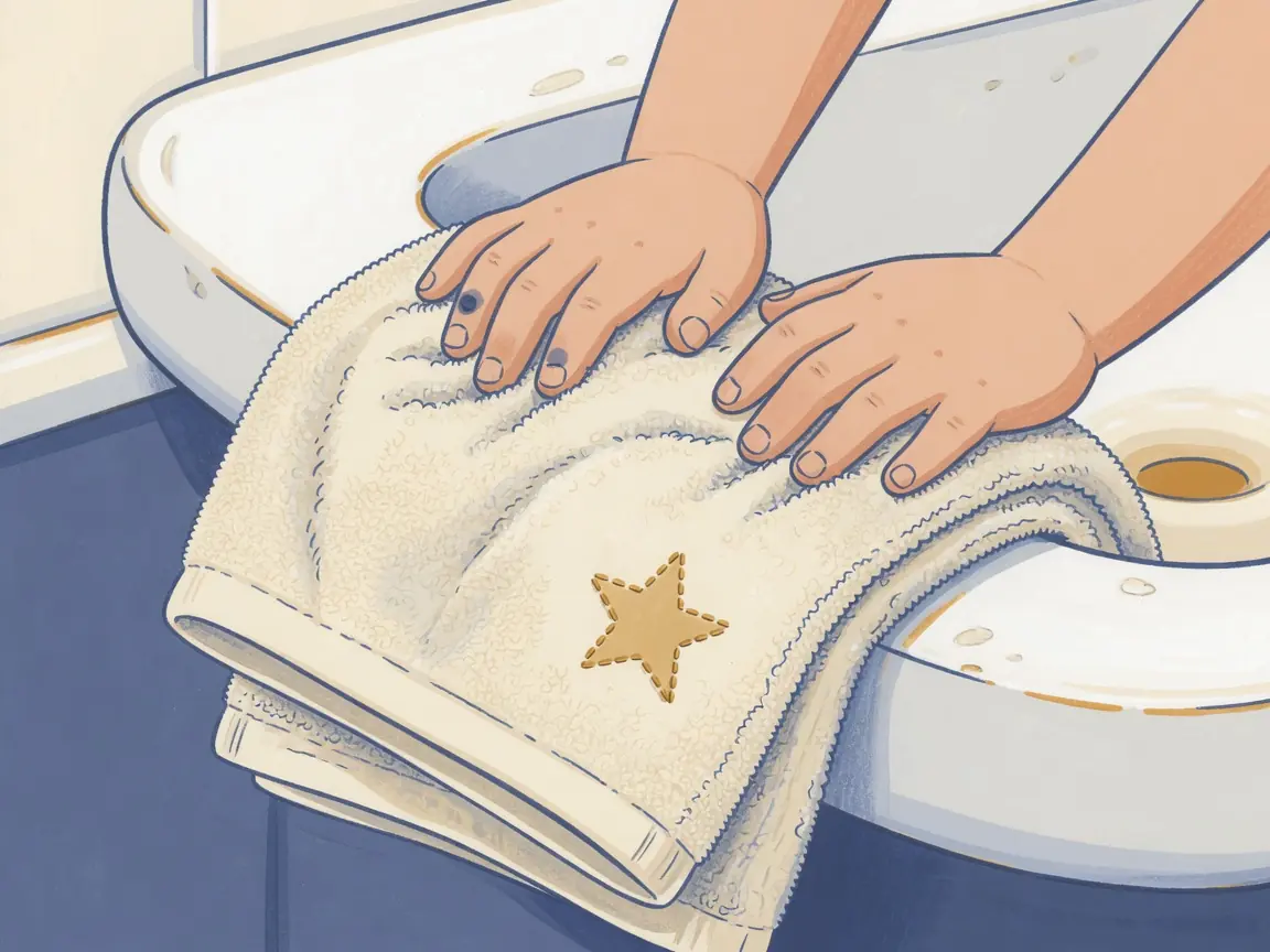 A child's hands pressing into a cream towel with a star stitch on the edge of a sink