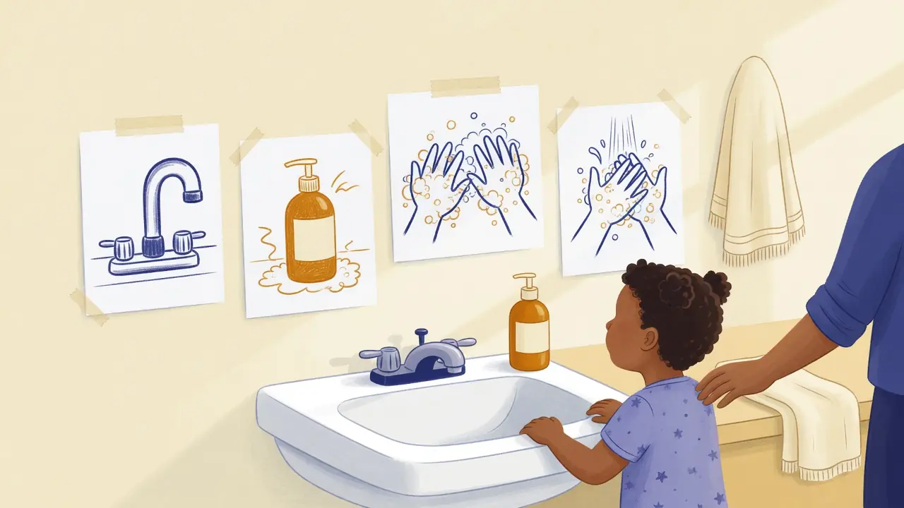 Parent and child at a bathroom sink with five unlabeled drawings taped at child height showing a faucet, soap pump, soapy hands, rinse, and towel
