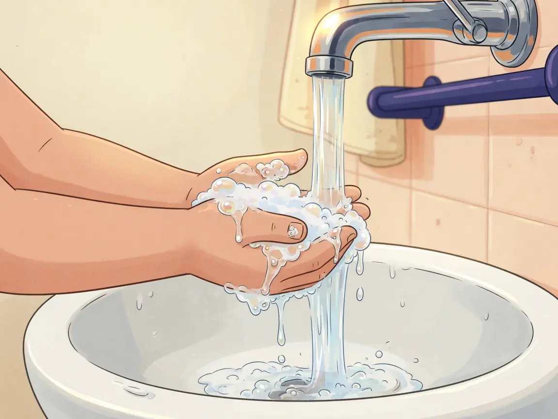 A child's soapy hands rinsing under a running bathroom faucet