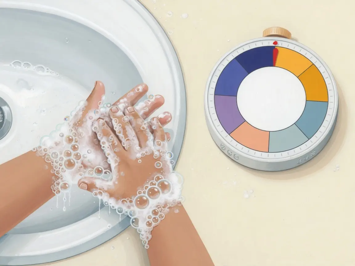 A child's soapy hands rubbing together at a sink next to a round visual timer disk