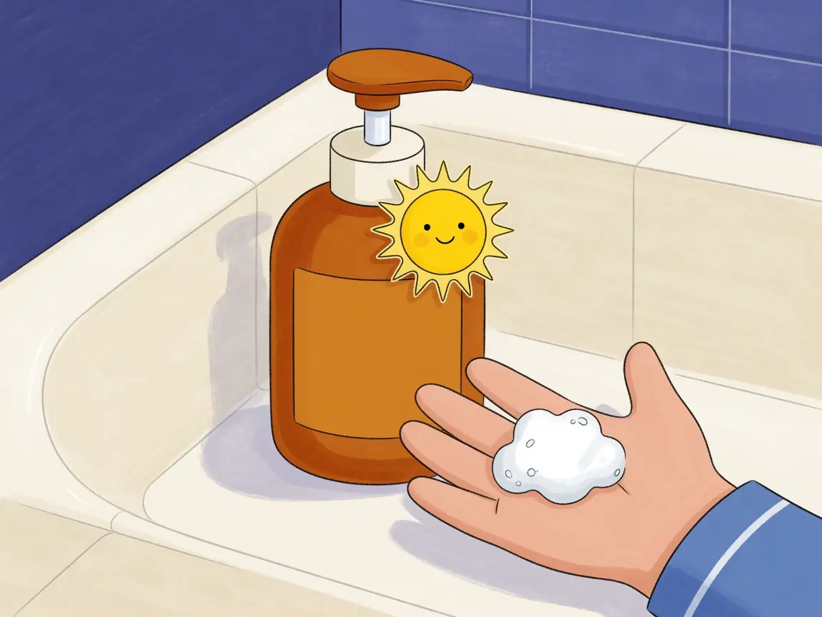 An amber pump soap bottle with a sun sticker and a dollop of soap on a child's palm
