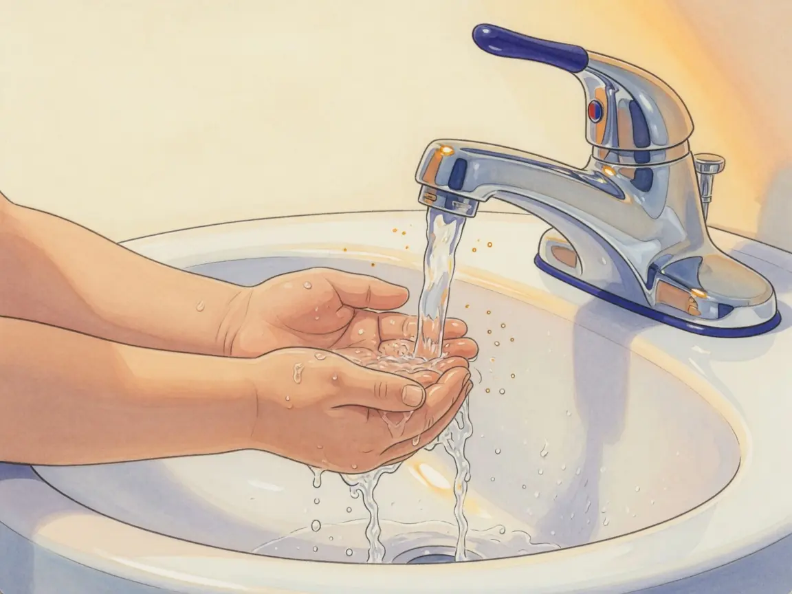 A child's hands under a running bathroom faucet